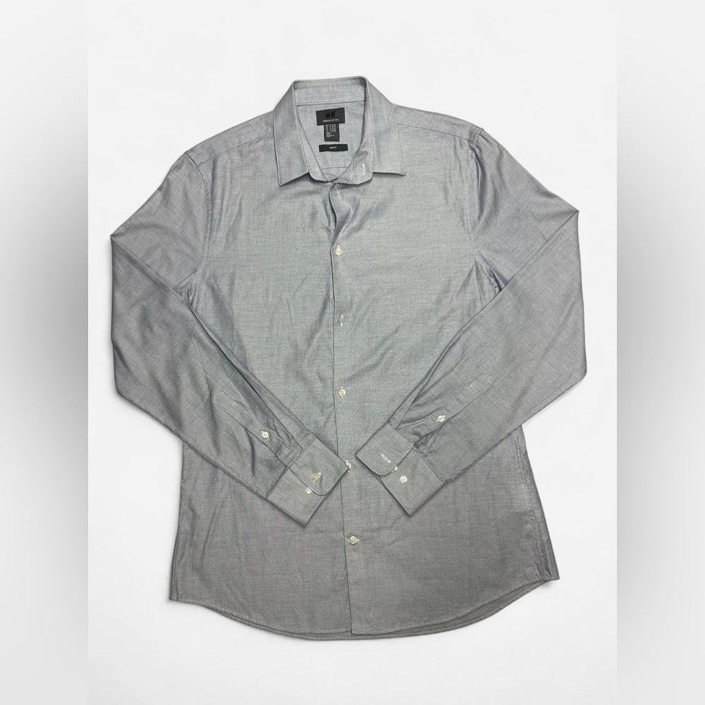 H & M Mens Gray Long Sleeves Collared Slim Fit Button Front Shirt Size Large